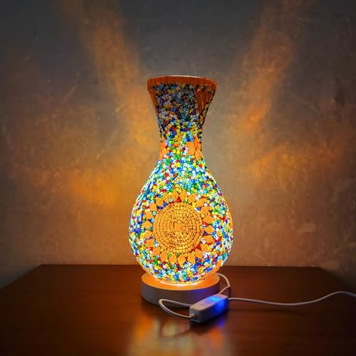 Maimeili Retro türkische Mosaik Vase Lampe türkische marokkanische Tischlampe bunte handgefertigte Glasvase mit Holzbasis für Blumen USB Lade Dekor Licht für Schlafzimmer Umgebung Wohnzimmer