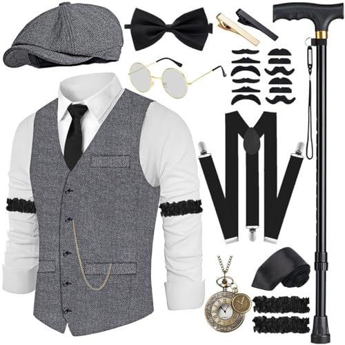 WILDPARTY 20er Jahre Kostüm Herren Weste mit Accessories Hosenträger, Krücke Taschenuhr Bart Barett Gläser Krawattennadel für Mafia Kostüm 1920S Gangster Peaky Blinders Karneval Halloween Mottoparty