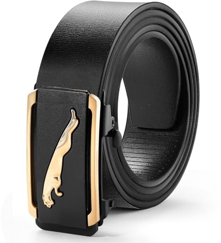 J.Fée 1Pc Gürtel Herren Schwarz, Ledergürtel Herren Gürtel Schwarz, Herrengürtel mit Goldene Leopard Quadratischer Automatikschließe,Delt Men Verstellbarer Ledergürtel,Geschenke für Männer,120CM