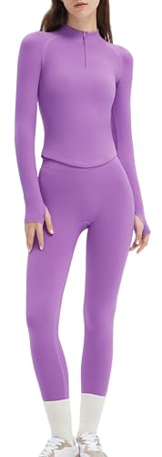 SUUKSESS Workout Sets for Women 2 Piece Seamless Long Sleeve Yoga Outfits Active Leggings Half Zippy Jacket Gym Set
