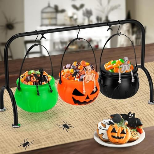 Minhaxue Set of 3 Witch Cauldron Serving Bowls, PP Witches Cauldron Bowl Candy Bucket with Metal Rack and Hooks, Halloween Party Decorations for Indoor/Outdoor Home/Kitchen