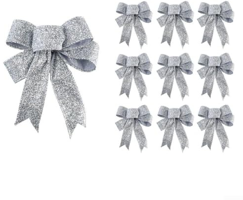 Paquete de 10 coronas de lazo para árbol de Navidad hechas de tela para mantener la forma y el encanto durante el uso festivo repetido (plata)