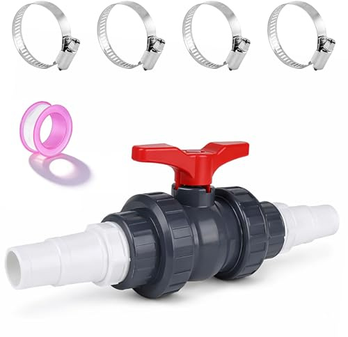 PVC Kugelhahn mit Schlauchverbinder 1 1/2 (50 mm), Pool Absperrhahn mit 32–38 mm Schlauchanschluss, Robustes PVC Absperrventil inkl. SchlauchschellenPool Adapter Poolventil Ventil Kugelventil