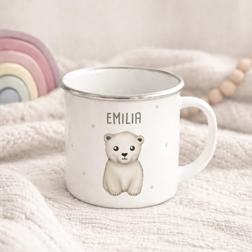 hellomini Personalisierte Emaille Tasse für Kinder, Kindertasse mit Wunschmotiv, Kinderbecher mit Namen, Geschenk zum Geburtstag für Mädchen und Jungs, (Eisbär)