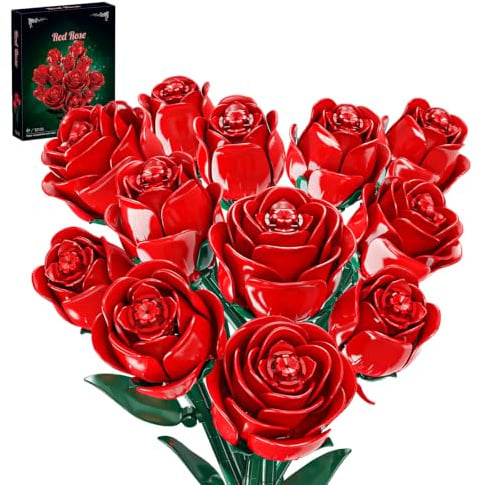 PHOEWON Bouquet de 12 Roses Rouges en Briques,Fleurs Artificielles Éternelles Collection Botanique,Décoration Florale DIY Tige Réglable, Saint Valentin Fête des Maires Anniversaire,Vase Non Inclus