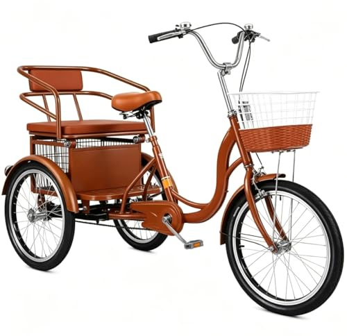 Generisch 20-Zoll-Dreirad-Cruiser-Bike, Erwachsenen-Dreirad mit Doppelsitzen, V-Bremssystem, verstellbarem Lenker und Sattel, extra breitem Rücksitz mit Gepäckkorb, max. Zuladung 150 kg