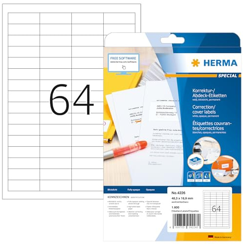 HERMA Self Adhesive Correction Labels, 64 Labels Per A4 Sheet, 1600 Labels For Laser And Inkjet Printers, Opaque, 48.3 x 16.9 mm (4226), White