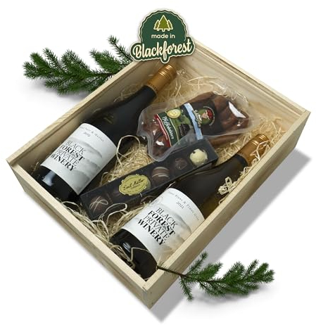 Schwarzwald Metzgerei Schaufler Badische Weinkiste - Rot- und Weißwein mit Pralinen und Knabberwurst-Pfefferbeisser 4-teilig