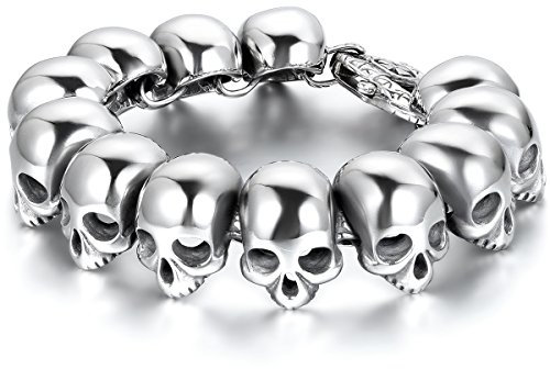 JewelryWe Gothic Totenkopf Armband Herren: Silber Edelstahl Vintage Punk Schädel Link Armkette Armreif groß schwer breit Biker Skull Kettenarmband Armschmuck Halloween Schmuck Geschenk