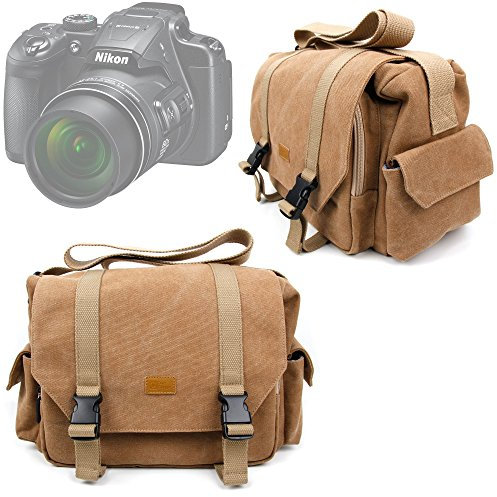 DURAGADGET Tan Brown Large Canvas Bag - Compatible with Nikon Coolpix A300 | Coolpix A900 | Coolpix B500 | Coolpix B700 Cameras - With Adjustable Storage Compartments & Multiple Pockets