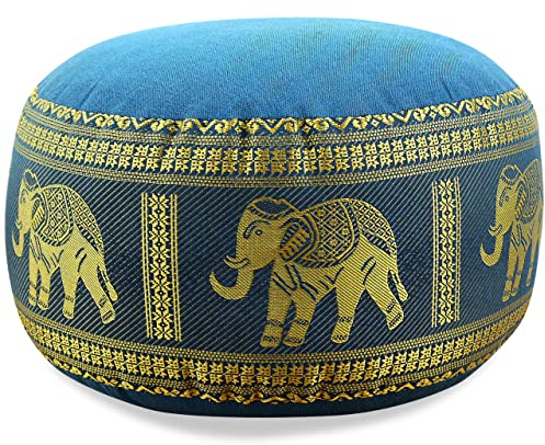 Livasia Meditationskissen Thaiseide - Ø 32x20cm - Yogakissen klein mit Kapok, Pouf, Bodenkissen Yoga Zen Meditation, Sitzkissen Garten Balkon, Zafukissen handgefertigt (Hellblau/Elefanten Seide)