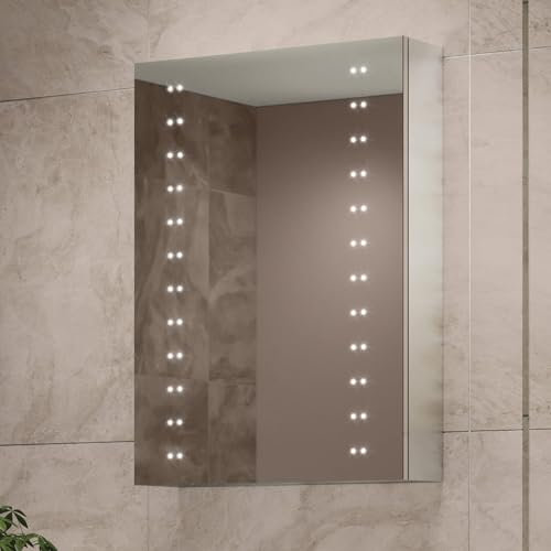 Pebble Grey Illuminated Bathroom Mirror Cabinet with LED Lights 500x700mm - Hollis Bathroom Mirror Cabinets with Lights, Shaver Socket & Demister Pads, Shelves Lighted Medicine Cabinet for Storage