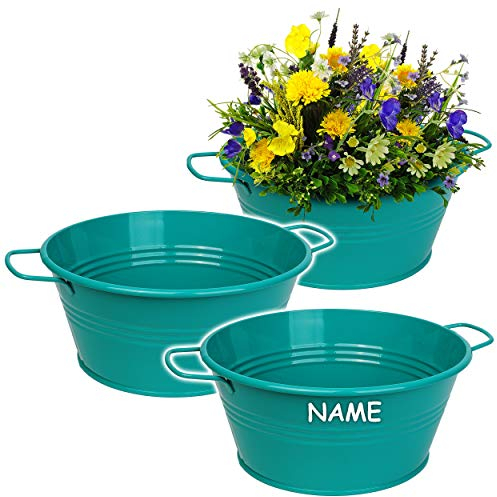 alles-meine.de GmbH 5 Stück Design - Blumentöpfe/Pflanzkübel/Pflanzschale - Metall - türkis blau/Mint - inkl. Name - 25 cm - RUND - frostsicher - MITTEL groß - mit Henkel..