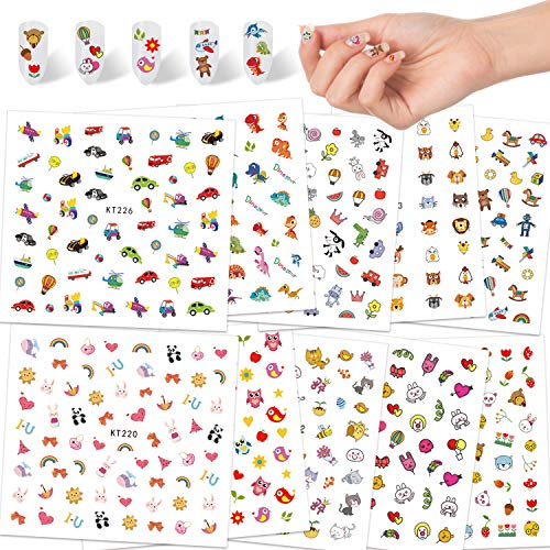 Qpout Nagelaufkleber Abziehbilder für Kinder Mädchen, 600+ Design Tier Frucht Dinosaurier Auto Blume Selbstklebende 3D Nagelaufkleber für Kinder Geburtstag Mitgebsel Tee Spa Party Nagel Salon Geschenk