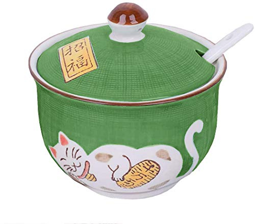 Ceramics Japanese Lucky Cat Sugar Bowl Salt Storage Jar with Lid And Spoon
