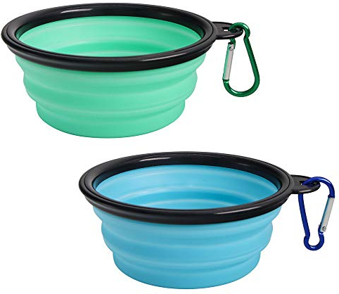 SLSON 2 Pièces Bol à Chien Pliant en Silicone Pliable, Gamelles de Voyage pour Chien et Chat, Bleu Clair et Vert Clair (350ml)