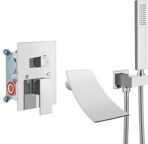 Airuida Wannenarmatur mit Wasserfall-Wannenauslauf, Wandmontage, Badewannenarmatur mit Handbrause, Einhand-Wannenfüller, Duscharmatur-Set mit grobem Ventil, gebogener Auslauf, Chrompolitur