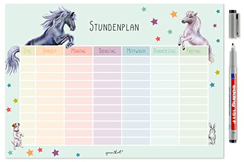 Stundenplan Pferd und Pony I abwischbar I mit selbstklebender Rückseite in Pastell-Farben I DIN A4 I zum Schulanfang I für Mädchen I wiederbeschreibbar I dv1053
