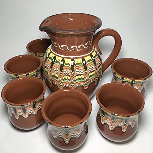etara Wein&Feinkost/Tonkrug, Karaffe, Kanne für Wein Glühwein Tee Wasser Met Punsch/Set aus 1 Liter- Krug und 6 Becher/bulgarische Tradition, Keramik, hochwertige Handarbeit (braun)