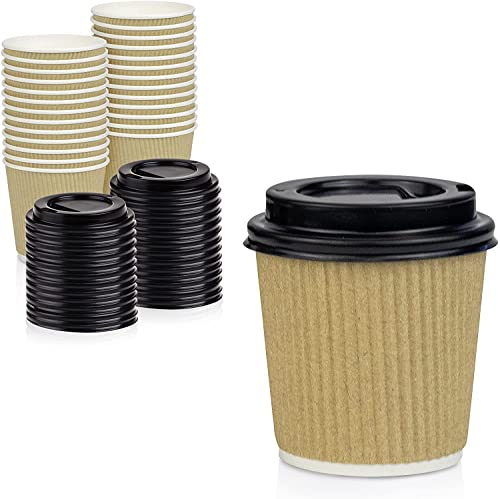 50 x 4oz Disposable Kraft Espresso Coffee Takeaway Paper Cups to Go with Black Lids [4oz, 115ml] Compostable Biodegradable Small Cardboard Ripple Cups for Hot & Cold Drinks Recyclable Take Away Cups