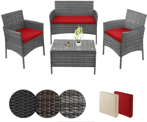 BB Sport Poly Rattan Sitzgruppe 4 Personen Tisch 2 Stühle Sitzbank 5cm Dicke Sitzpolster Balkonmöbel Set Sitzgarnitur Balkon Terrasse Garten Outdoor, Farbe:Grau-meliert/Abendsonne