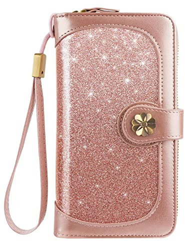 Coco Rossi Geldbörsen für Frauen Multi Card Holder Wallet Clutch Wallet Card Holder Organizer Damen Geldbörse mit Handschlaufe Geldbörse, Roségold Glitzer, long purse, Roségoldfarbene