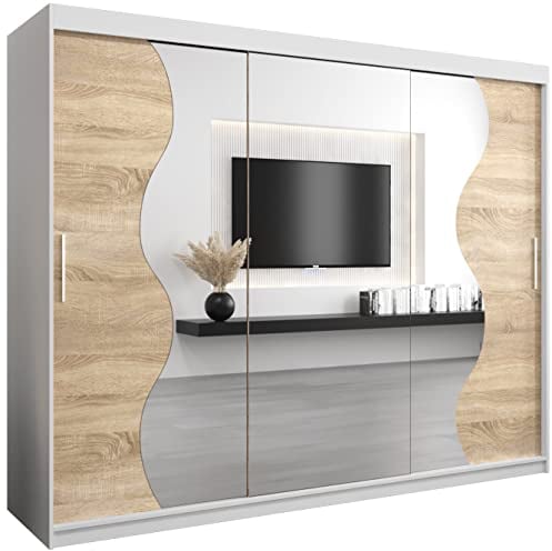KRYSPOL Schwebetürenschrank Madryt 250 cm mit Spiegel Kleiderschrank mit Kleiderstange und Einlegeboden Schlafzimmer- Wohnzimmerschrank Schiebetüren Modern Design (Weiß + Sonoma)
