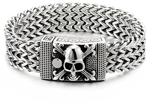 COOLSTEELANDBEYOND Herren Große Edelstahl Franco Link Panzerkette Armband mit Piraten Schädel Verschluss