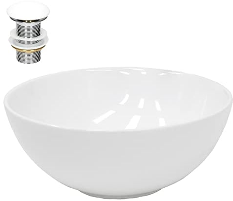 ECD Germany Waschbecken Waschtisch Ø 320x135 mm aus Keramik Weiß inkl. Ablaufgarnitur für Waschbecken ohne Überlauf Aufsatzbecken Aufsatzwaschbecken Aufsatzwaschtisch Waschschale Spülbecken Becken