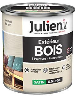 Julien Peinture Bois Microporeux Extérieur Satin - Portes, fenêtres, portails, mobilier de jardin - Blanc Perle 0,5 L