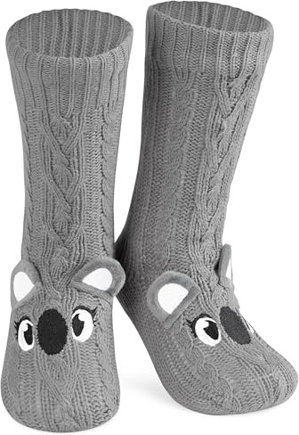CityComfort Rutschfeste Socken Damen und Teenager in Gr. 37-41 - Kuschelsocken Damen - Sherpa-gefüttert mit Anti-Rutsch-Punkten (Grau Koala)