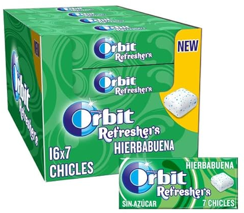 Orbit Refreshers, Chicles Sin Azúcar Sabor Hierbabuena que proporciona frescura inmediata, en formato gragea en formato gragea en pack de bolsillo (16 x 7 chicles)