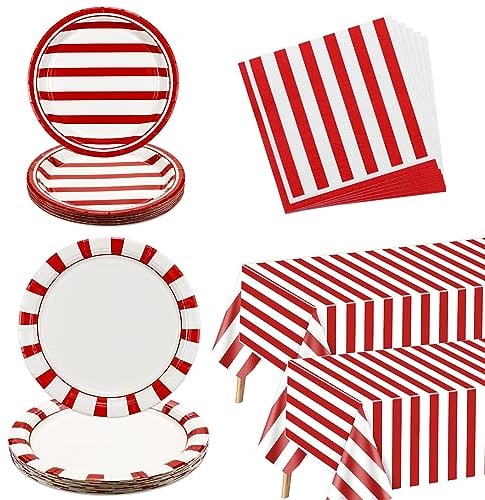 Lot de 122 décorations de fête à rayures rouges et blanches - Avec assiettes en carton, serviettes, nappe de carnaval - Pour anniversaire, fête prénatale, pique-nique, 40 invités