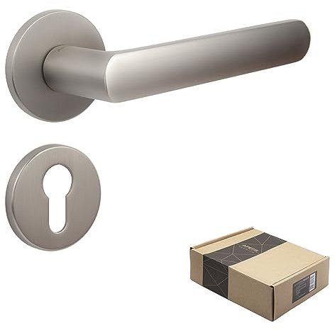 APECS Türgriffe innentüren Modern Türklinke für Haustür und Innentür mit runden Rosetten Türgriff niсkel matt Drückergarnitur mit Befestigungsmaterial Türbeschlag Modell KUMA PZ - Profilzylinder