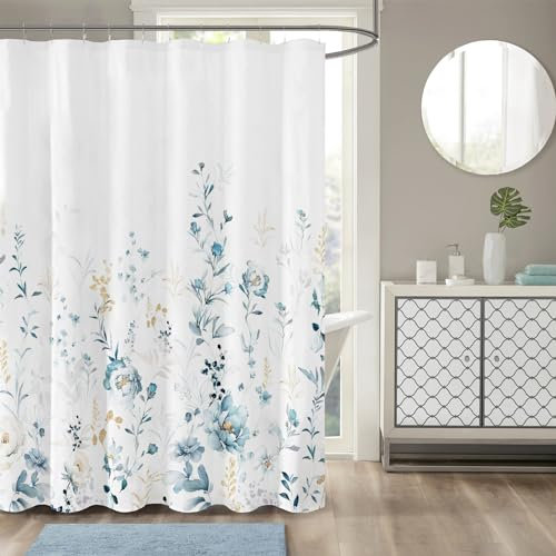 Tititex Ästhetischer blauer Blumen-Duschvorhang, Aquarell Goldblätter Pflanze Badezimmer Dekoration Duschvorhang Sets 180 x 180 cm mit Haken