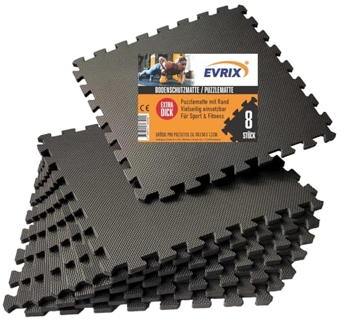 EVRIX® Bodenschutzmatte Schwarz Fitness extra dick (20% mehr Schutz) - 8 Teile (50x50cm) - Puzzlematte Sportmatte Pool unterlegmatte Fitnessmatte Bodenmatte für Fitnessraum und Fitnessgeräte