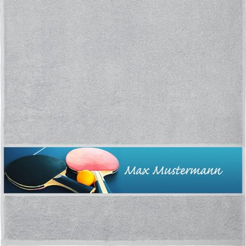Handtuch mit Namen - personalisiert - Motiv Sport – Tischtennis - viele Farben & Motive - Dusch-Handtuch - hellgrau - Größe 50x100 cm - persönliches Geschenk mit Wunsch-Name