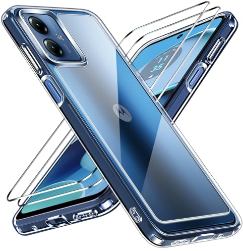 ivoler Nie Vergilbung Klar Hülle für Motorola Moto G14, 1 Handyhülle mit 2 Stück Panzer Schutz Glas, [Militärischer Schutz] Stoßfest Transparent Schutzhülle Dünn Durchsichtige Case