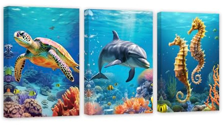 ZXHYWYM Meerestiere Leinwandbild 3er Set Meeresschildkröte Seepferdchen Delfin Wanddruck blaues Ozeanthema Poster für Badezimmer Kinderzimmer Dekoration mit Rahmen (C (28x35cmx3))