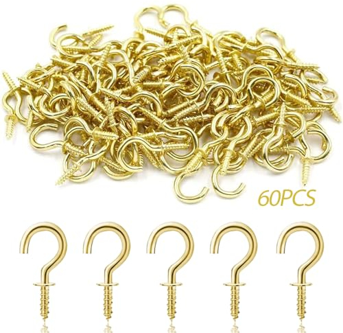 QttvbTna 60 Pcs Cup Screw Hooks, 5/8 Inch Metal Ceiling Hook Screw-in Eye Hook, Plated Copper Metal Screwable Screw in Hooks for Small Cups Hanging Plants Garden Lights