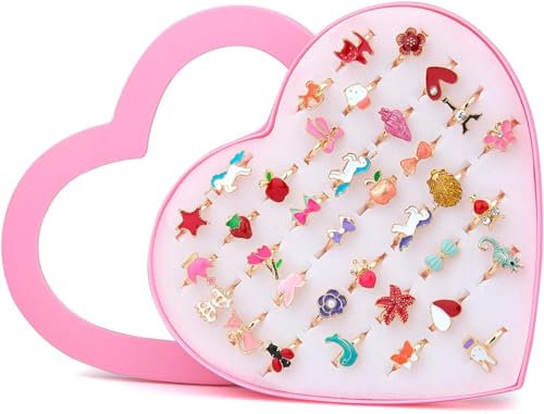 36 Stück Kinderringe Mädchen, Carastek Ringe Kinder Mädchen Ringe Einstellbare Ringe funkeln mit Herzform Vitrine für Kinder Geburtstag Party Favors