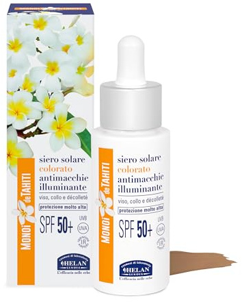 Helan Monoï de Tahiti Gesichtsserum, feuchtigkeitsspendend, getönt, Anti-Verdunkelung, Vitamin C und E, Sonnenschutz 50+, schützt das Gesicht vor blauem Licht, 2-in-1, 30 ml