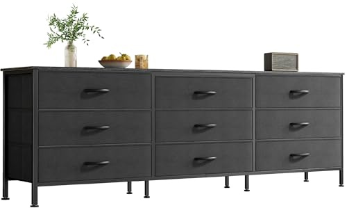 Huuger Commode de 160 cm pour chambre à coucher, commode pour placard avec 9 tiroirs, grand meuble TV pour TV de 55, 65, 70 pouces, centre de divertissement avec rangement, grande commode longue