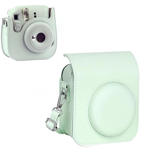 Étui de protection pour appareil photo instantané Fujifilm Instax Mini 12 - Avec bandoulière réglable - En cuir synthétique - Compatible avec Instax Mini 12 11 (vert menthe), vert menthe, /