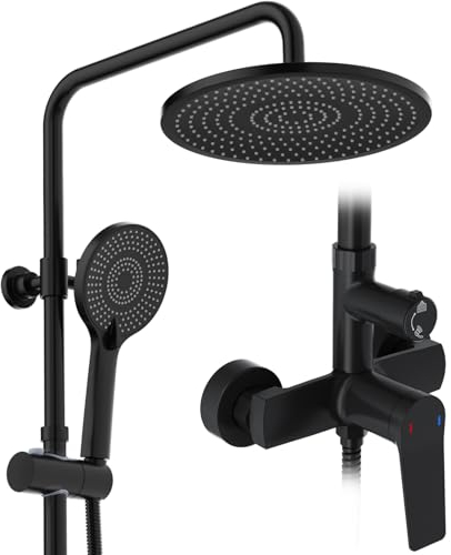 Rainsworth Duschsystem mit Armatur Schwarz, Regendusche mit Armatur aus Messing, 25cm Regendusche, 3 Strahlarten Duschkopf, Duscharmatur Komplettset, Duschset