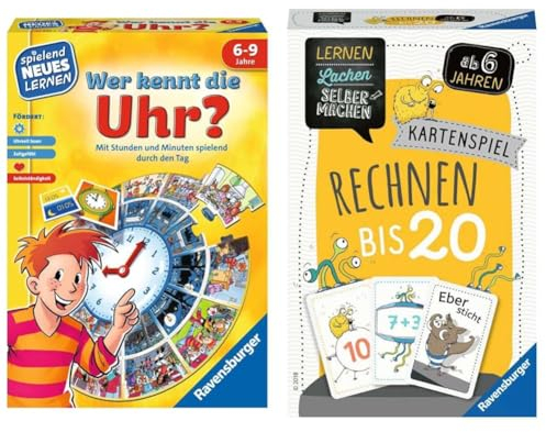 Ravensburger 24995 - Wer kennt die Uhr? & 80349 - Lernen Lachen Selbermachen: Rechnen bis 20, Kinderspiel ab 6 Jahren, Lernspiel für 1-5 Spieler, Kartenspiel, Mathematik