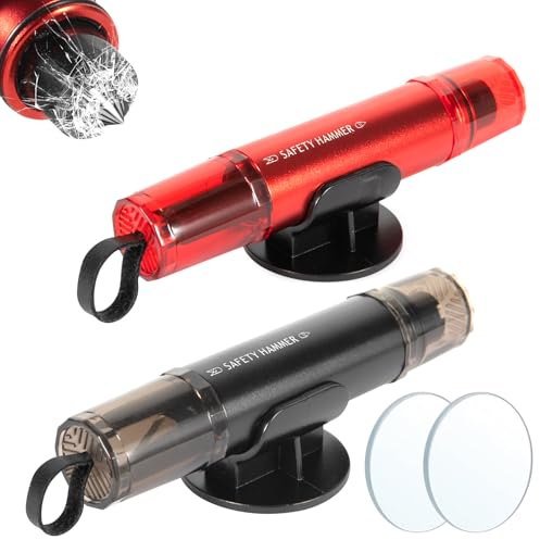 ROELLY Juego de 2 Piezas de Rompe Cristales y Cinturones, Martillo Rompe Cristales Coche, Herramienta de Rescate de Emergencia 2 en 1, Corta Cinturones Rompe Cristales, Accesorios de Escape,Rojo+Negro
