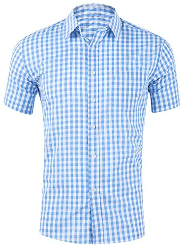 2024 - Chemise décontractée à carreaux pour homme avec poche et manches courtes - Chemise formelle à boutons - Petite maison, bleu clair, 3XL