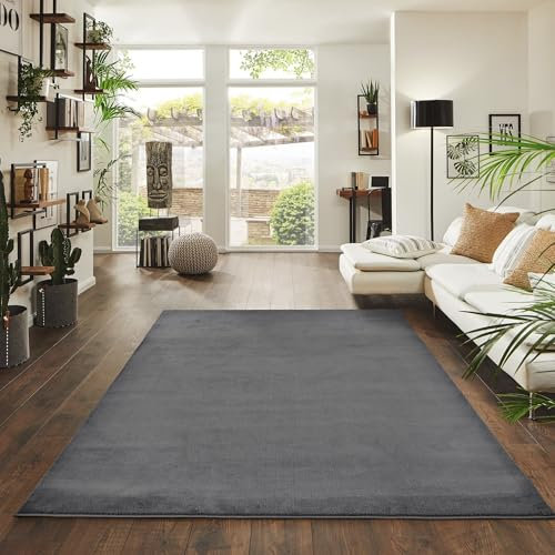 Jimri Flauschiger Teppich Läufer - Hochwertiger Kurzflor für Zuhause, Büro, Küche, Eingang, Flur, Wohnzimmer - Maschinenwaschbar - Rutschfester Teppich Waschbar - 240x340 cm - Anthrazit