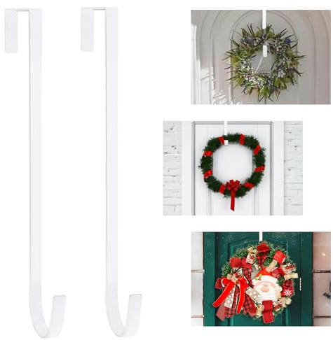 PECULA 2 Pack 14” Wreath Hangers for Front Door, Wreath Door Hanger 40lb Load-Bearing, Metal Wreath Hanger for Welcome Sign, Door Wreath Hanger for Christmas Halloween Easter Decoration (White)